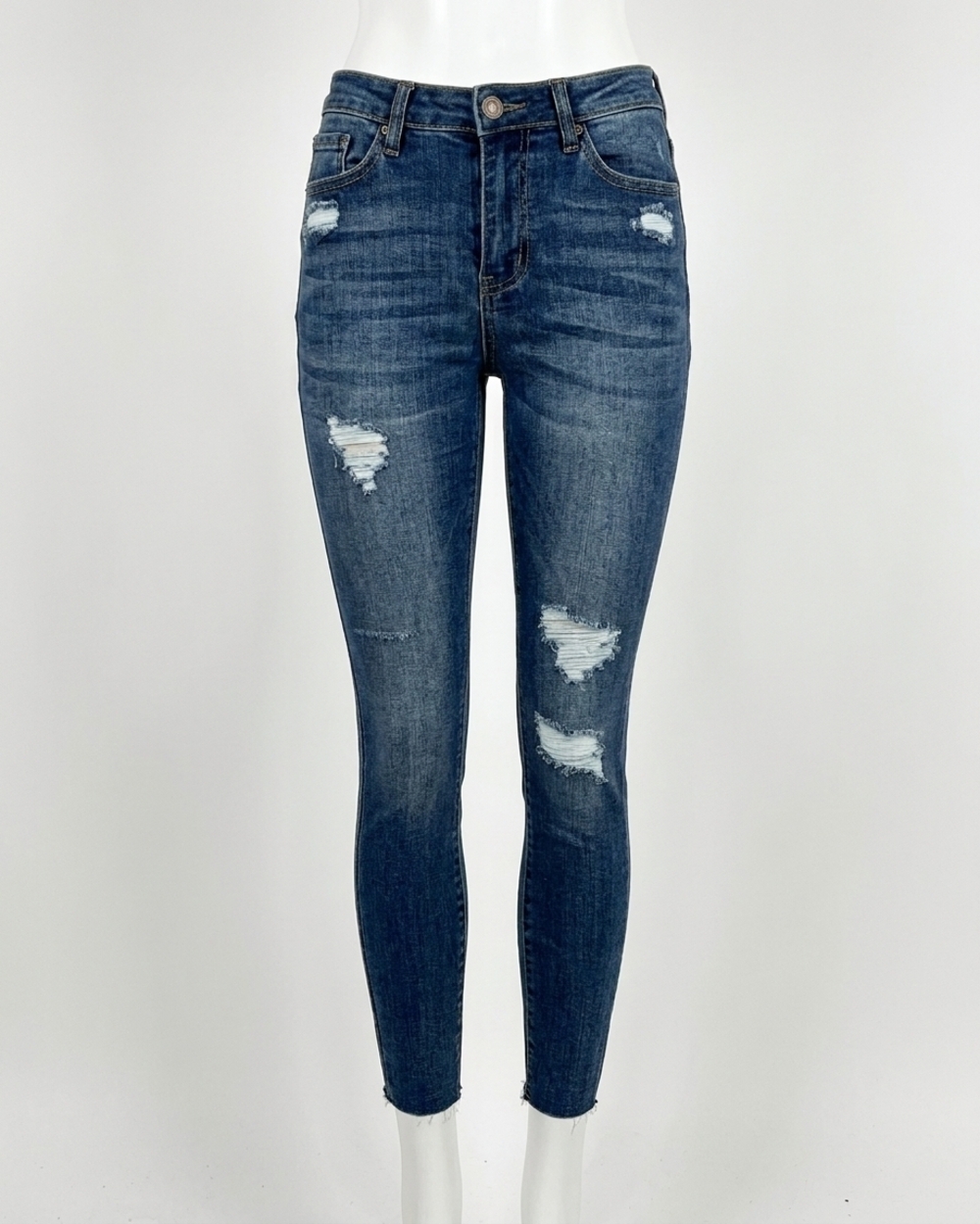 NEW GRACE AND LACE women's repurposed cropped distressed denim in dark mid wash